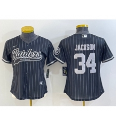 Women's Las Vegas Raiders #34 Bo Jackson Black Team Big Logo With Patch Cool Base Stitched Baseball Jersey