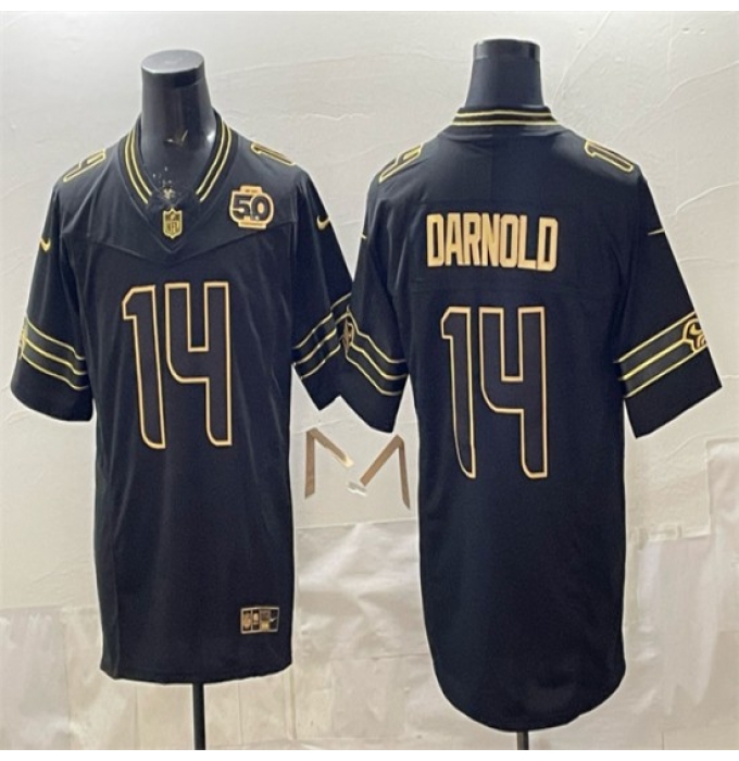 Men's Seattle Seahawks #14 Sam Darnold Black Gold 2025 F.U.S.E. 50th Season Vapor Limited Stitched Football Jersey