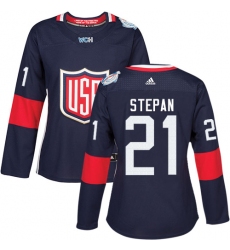 Women's Adidas Team USA #21 Derek Stepan Premier Navy Blue Away 2016 World Cup Hockey Jersey