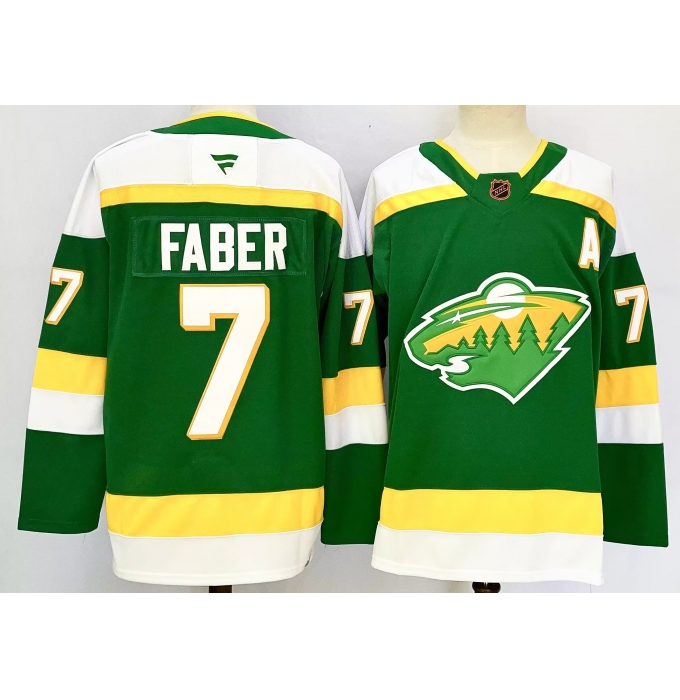 Men's Minnesota Wild #7 Brock Faber Green 2024-25 Alternate With A Stitched Hockey Jersey