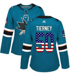 Women's Adidas San Jose Sharks #50 Chris Tierney Authentic Teal Green USA Flag Fashion NHL Jersey