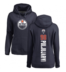 NHL Women's Adidas Edmonton Oilers #98 Jesse Puljujarvi Navy Blue Backer Pullover Hoodie