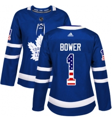 Women's Adidas Toronto Maple Leafs #1 Johnny Bower Authentic Royal Blue USA Flag Fashion NHL Jersey