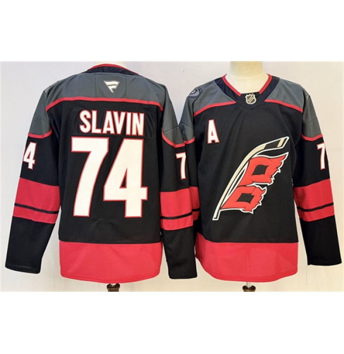 Men's Carolina Hurricanes #74 Jaccob Slavin Black 2024-25 With A Stitched Hockey Jersey