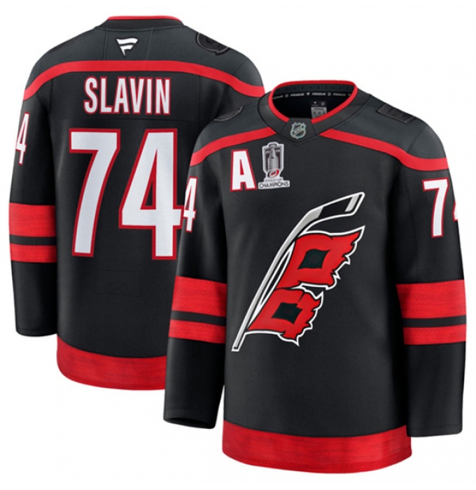 Men's Carolina Hurricanes #74 Jaccob Slavin Black 2026 Stanley Cup Champions And A Home Stitched Hockey Jersey