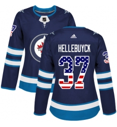 Women's Adidas Winnipeg Jets #37 Connor Hellebuyck Authentic Navy Blue USA Flag Fashion NHL Jersey