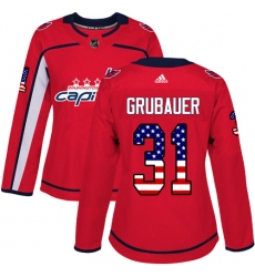 Women's Adidas Washington Capitals #31 Philipp Grubauer Authentic Red USA Flag Fashion NHL Jersey