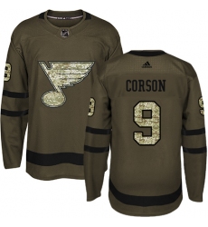 Youth Adidas St. Louis Blues #9 Shayne Corson Premier Green Salute to Service NHL Jersey