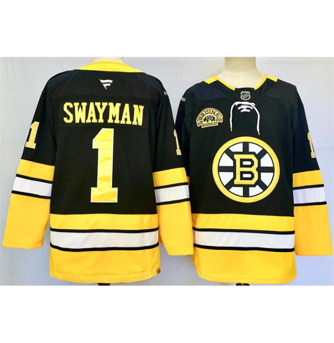 Men's Boston Bruins #1 Jeremy Swayman Black 100th Anniversary Stitched Hockey Jersey