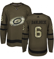 Youth Adidas Carolina Hurricanes #6 Klas Dahlbeck Authentic Green Salute to Service NHL Jersey