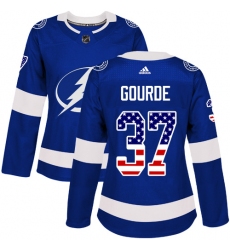 Women's Adidas Tampa Bay Lightning #37 Yanni Gourde Authentic Blue USA Flag Fashion NHL Jersey