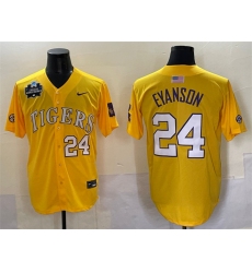 Men's LSU Tigers #24 Anthony Eyanson Gold 2025 World Series & SEC Patch Stitched Baseball Jersey