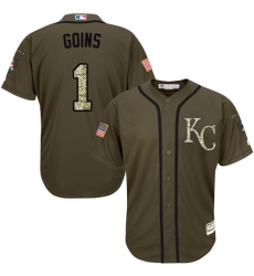 Youth Majestic Kansas City Royals #1 Ryan Goins Replica Green Salute to Service MLB Jersey