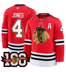 Men's Chicago Blackhawks #4 Seth Jones Red 2025 Home 100th Anniversary With A Stitched Hockey Jersey
