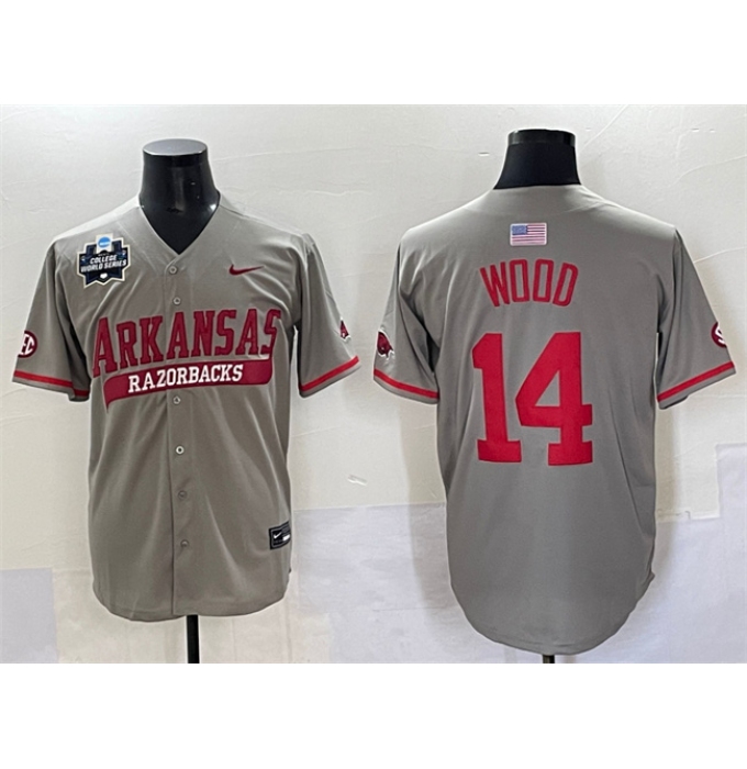 Men's Arkansas Razorbacks #14 Gage Wood Grey 2025 World Series & SEC Patch Stitched Jersey