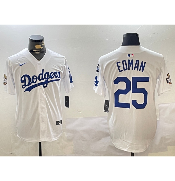 Men's Los Angeles Dodgers #25 Tommy Edman White 2024 World Series With Fernando Memorial Home Limited Stitched Baseball Jerseys