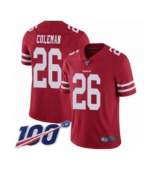 Men's San Francisco 49ers #26 Tevin Coleman Red Team Color Vapor Untouchable Limited Player 100th Season Football Jersey