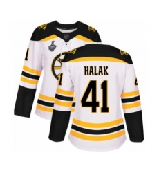 Women's Boston Bruins #41 Jaroslav Halak Authentic White Away 2019 Stanley Cup Final Bound Hockey Jersey