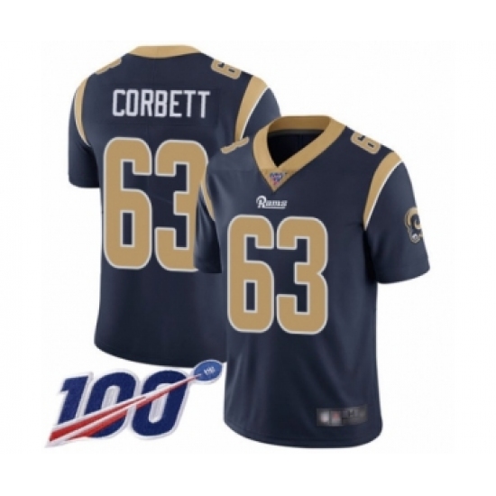 Men's Los Angeles Rams #63 Austin Corbett Navy Blue Team Color Vapor Untouchable Limited Player 100th Season Football Jersey