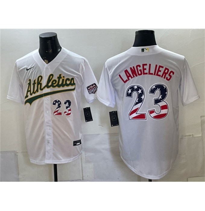 Men's Oakland Athletics #23 Shea Langeliers White 250 Fourth of July Home Stadium Stitched Baseball Jersey
