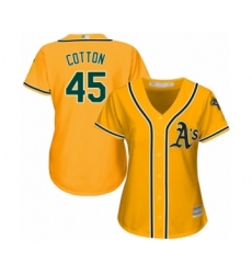 Women's Oakland Athletics #45 Jharel Cotton Authentic Gold Alternate 2 Cool Base Baseball Player Jersey