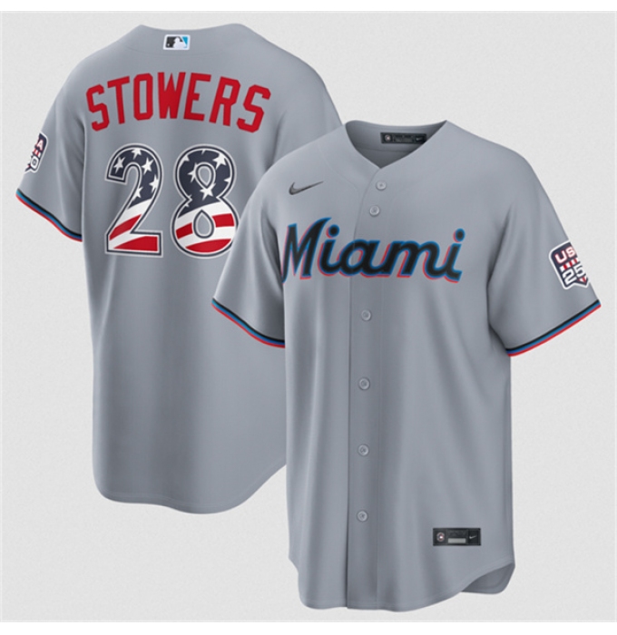Men's Miami Marlins #28 Kyle Stowers Gray USA 250 Fourth of July Home Stitched Baseball Jersey