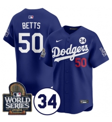 Men's Los Angeles Dodgers #50 Mookie Betts Royal 2024 World Series With No. 34 Cool Base Stitched Baseball Jersey