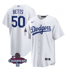 Men's Los Angeles Dodgers #50 Mookie Betts White 2024 World Series Champions Cool Base Stitched Baseball Jersey