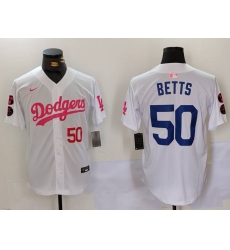 Men's Los Angeles Dodgers #50 Mookie Betts White Pink Vin & Kobe Stitched Baseball Jersey