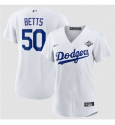 Women's Los Angeles Dodgers #50 Mookie Betts White 2025 World Series Home Cool Base Stitched Baseball Jersey(Run Small)