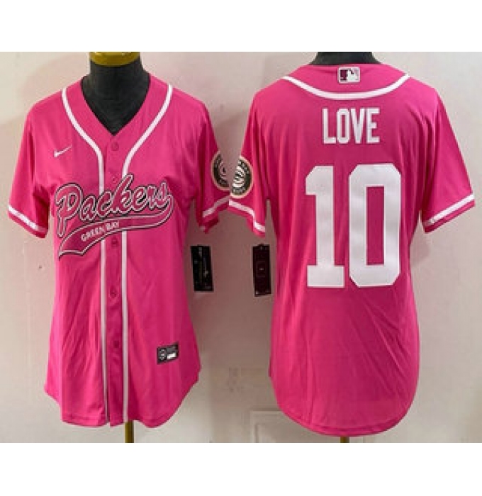 Women's Green Bay Packers #10 Jordan Love Pink With Cool Base Stitched Baseball Jersey