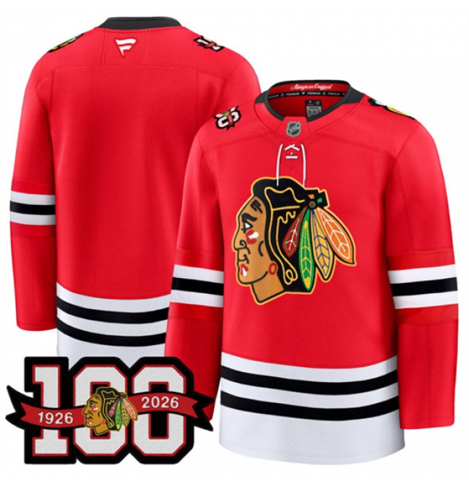 Men's Chicago Blackhawks Blank Red 2025 Home 100th Anniversary Stitched Hockey Jersey