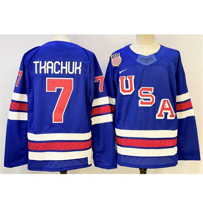Men's USA #7 Brady Tkachuk Royal 2025-2026 Stitched Jersey