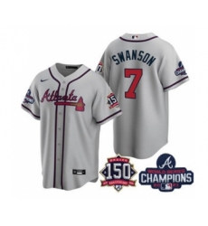 Men's Atlanta Braves #7 Dansby Swanson 2021 Gray World Series Champions With 150th Anniversary Patch Cool Base Stitched Jersey