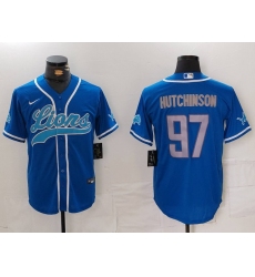 Men's Detroit Lions #97 Aidan Hutchinson Blue Cool Base Stitched Baseball Jersey