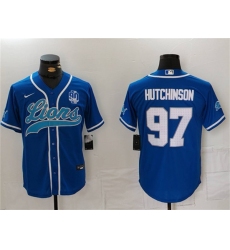 Men's Detroit Lions #97 Aidan Hutchinson Blue With 90th Anniversary Cool Base Stitched Baseball Jersey