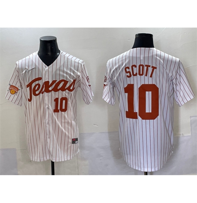 Men's Texas Longhorns #10 Mia Scott White Pinstripe 2025 Softball National Champions & SEC Patch Stitched Jersey