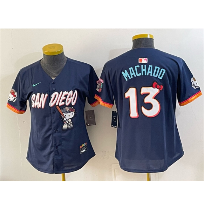 Women's San Diego Padres X Hello Kitty #13 Manny Machado Obsidian 2026 City Connect Stadium Stitched Baseball Jersey(Run Small)