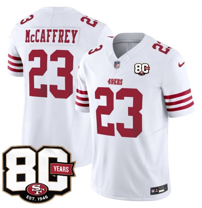 Men's San Francisco 49ers #23 Christian McCaffrey White 80th Anniversary 2026 F.U.S.E. Vapor Untouchable Limited Football Stitched Jersey