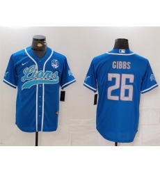 Men's Detroit Lions #26 Jahmyr Gibbs Blue With 90th Anniversary Cool Base Stitched Baseball Jersey