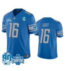 Men's Detroit Lions #16 Jared Goff Blue 2023 90th Anniversary North Division Champions Limited Stitched Jersey