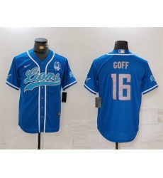 Men's Detroit Lions #16 Jared Goff Blue With 90th Anniversary Cool Base Stitched Baseball Jersey