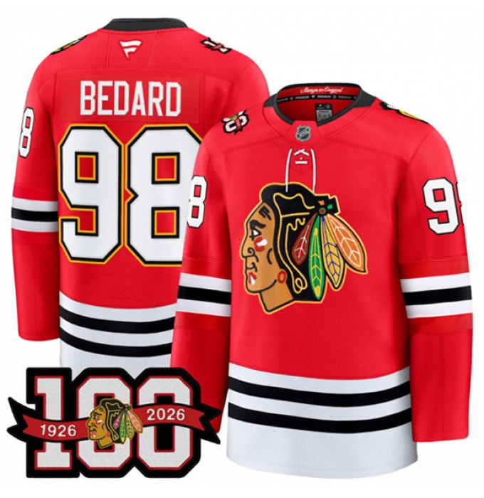 Men's Chicago Blackhawks #98 Connor Bedard Red 2025 Home 100th Anniversary Stitched Hockey Jersey