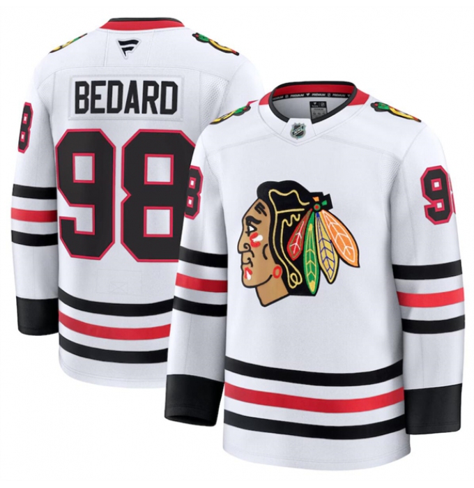 Men's Chicago Blackhawks #98 Connor Bedard White 2024-25 Away Stitched Hockey Jersey