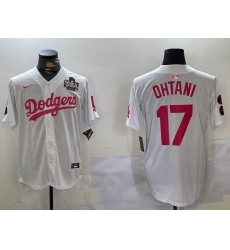 Men's Los Angeles Dodgers #17 Shohei Ohtani Number White Pink 2024 World Series Limited Cool Base Stitched Jerseys