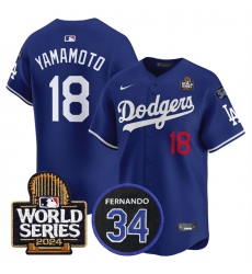 Men's Los Angeles Dodgers #18 Yoshinobu Yamamoto Royal 2024 World Series With Fernando Memorial Limited Stitched Baseball Jersey