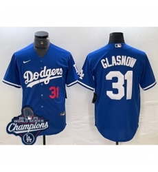 Men's Los Angeles Dodgers 31 Tyler Glasnow Cool Base 2025 World Champions Stitched Baseball Jersey Blue