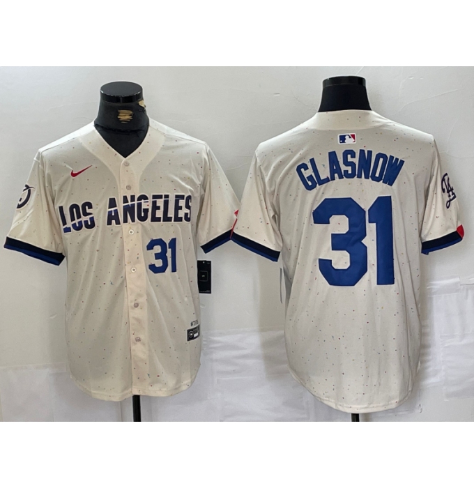 Men's Los Angeles Dodgers #31 Tyler Glasnow Number Cream Blue 2024 City Connect Limited Stitched Jerseys