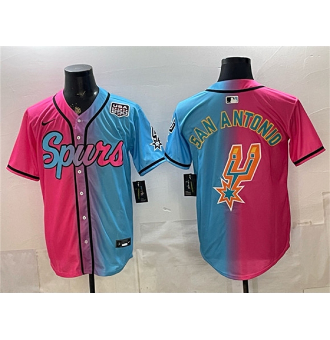 Men's San Antonio Spurs Team Big Logo Pink Blue USA 250 Stitched Baseball Jersey