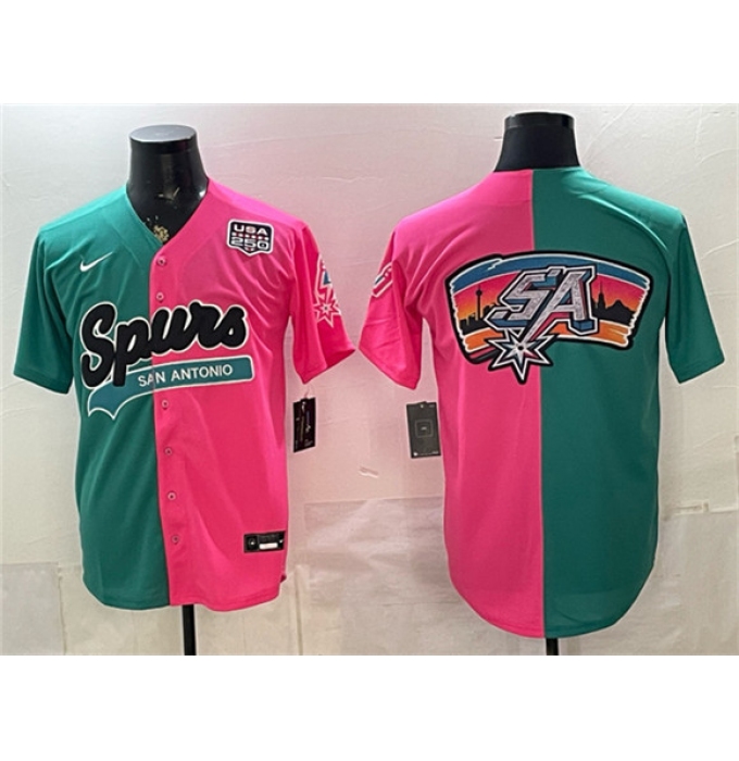 Men's San Antonio Spurs Team Big Logo Teal Pink Split USA 250 Stitched Baseball Jersey